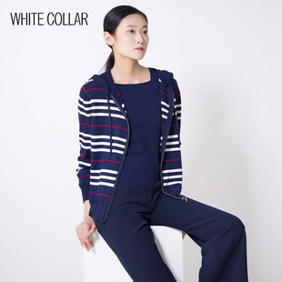 white WOO03N203 collar上青条纹带帽羊毛针织长袖 开衫