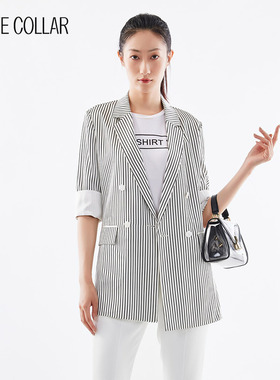 白领女士轻奢重磅真丝条纹气质七分袖中长款西装大外衣TS21-650