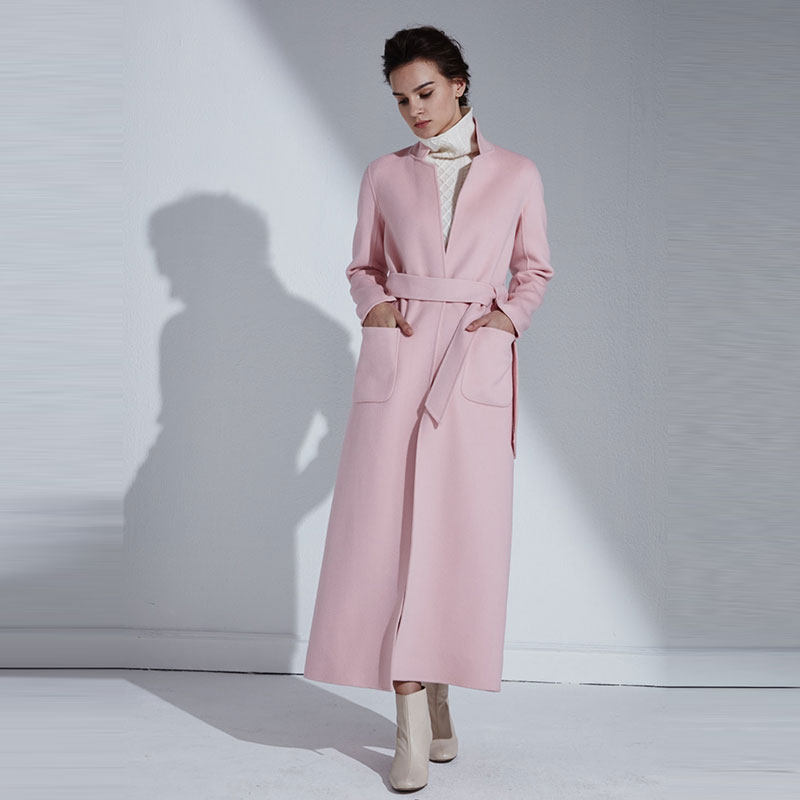 白领双面立翻领系带下摆后开叉长款大衣gnbj17-lov901b