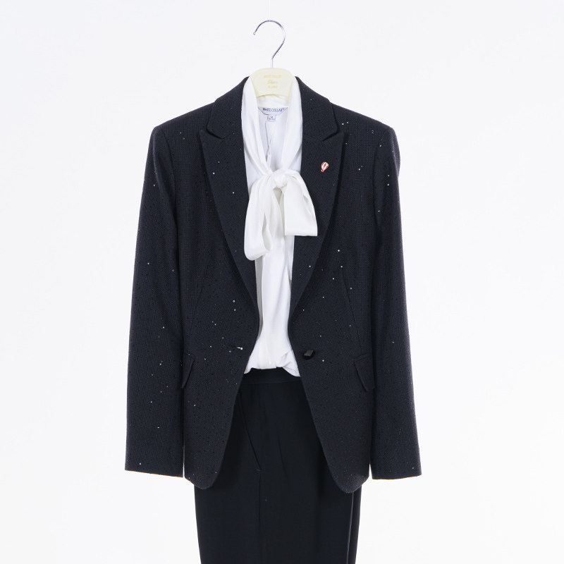 white collar黑色亮片戗驳领一粒扣长袖上衣heilp23-601