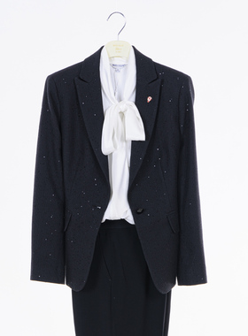 white collar黑色亮片戗驳领一粒扣长袖上衣HEILP23-601