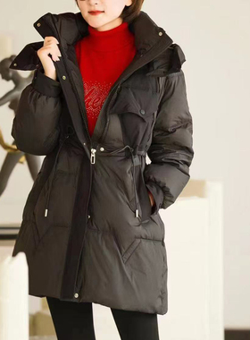 white collar黑色拉链带帽腰收绳短款羽绒服GAD03A912
