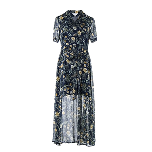 白领上青大花薄纱方V领半裹短袖系带长款连衣裙SUIHUA17-301