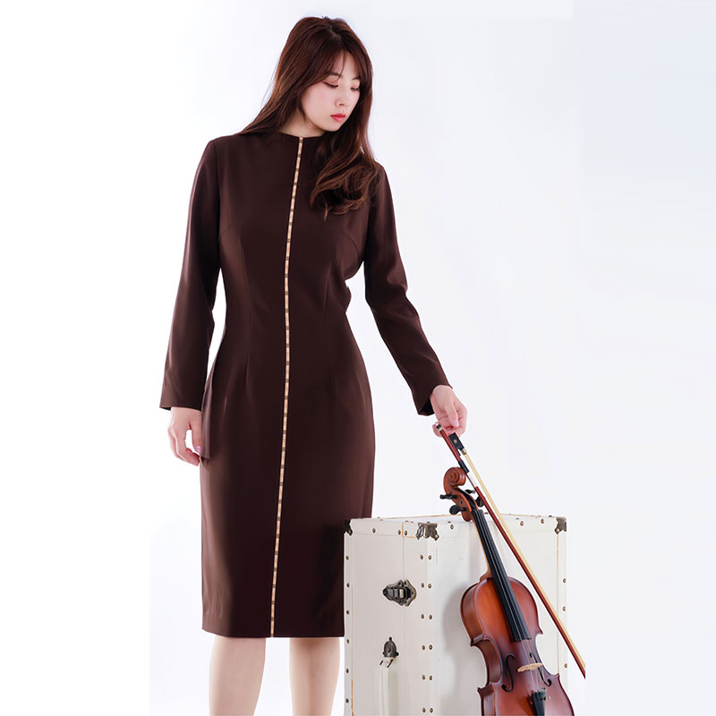 白领拼米咖竖条长袖连衣裙