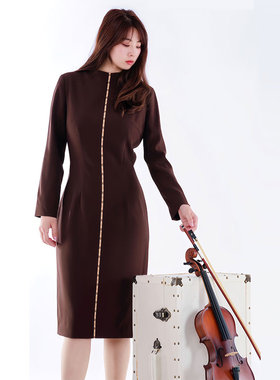 white collar咖啡斜纹爬领前拼米咖竖条长袖连衣裙KAXW03L301