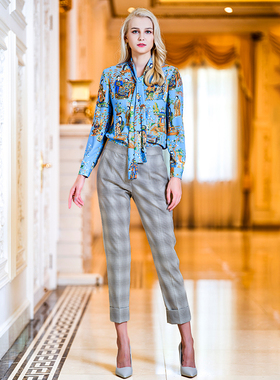 white collar千鸟隐格宽翻边锥形九分裤QNYINGE22-1