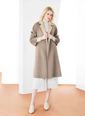 白领秋冬羊毛波纹双面西服领贴袋系带无扣长大衣GNBJ19-LOV905