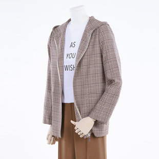 white 上衣KAGEM05A601 collar咖啡格羊毛带帽拉链长袖