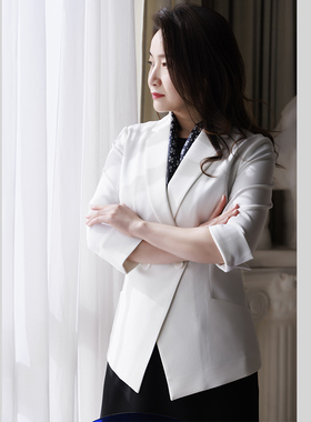 white collar白色高弹力西服领双排扣七分袖长款上衣OL-GTL23-601