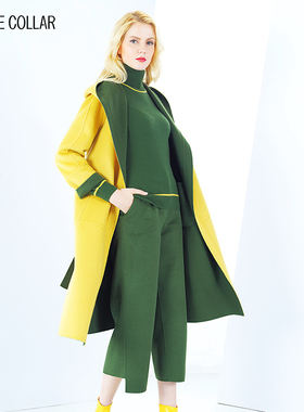 white collar绿黄羊毛双面带帽系带长大衣GNBJ19-LOV907