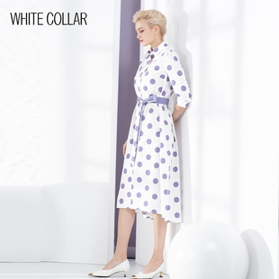 白领女装新款圆点棉方领衬衫七分袖系带长连衣裙CDMIAN22-301