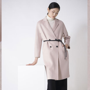 white collar浅粉羊绒羊毛双面西服领双排扣长大衣LOVSC0FA901