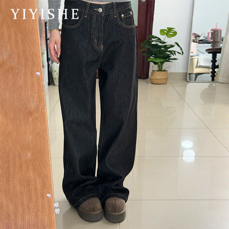 黑金色加绒直筒牛仔裤女2025年秋冬新款高腰显瘦垂感宽松阔腿裤子