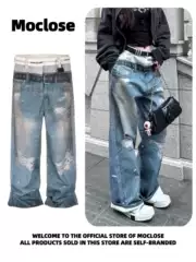 Moclose American Street Style 3D Fake Two-Piece Prank Underwear with Distressed Print, Unisex Loose Straight-Leg Jeans