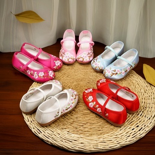 儿童汉服鞋女童舞蹈演出鞋中国风古代绣花鞋平底透气北京传统布鞋