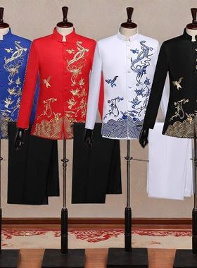 中式结婚立领男装合唱演出服主持司仪礼服唐装新郎敬酒服中山装春