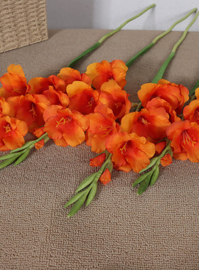 长枝橙色剑兰仿真花 高级感逼真暖色调花束搭配花材绢布假花插花