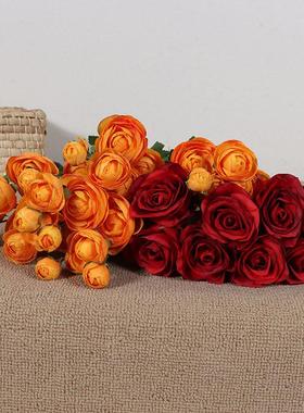 芭比橙色多头小露莲仿真花 搭配红色玫瑰花束装饰绢布假花配花