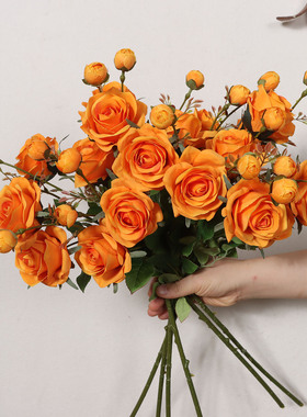 栗欧多头玫瑰橙色芭比仿真花 花店花束搭配影楼旅拍6头绢布假花艺