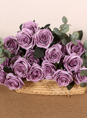 紫色10头玫瑰花仿真花束莫奈花园装饰高品质家居绢花网红软装假花