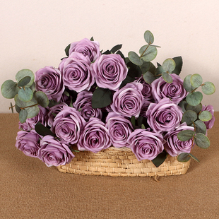 紫色10头玫瑰花仿真花束莫奈花园装 假花 饰高品质家居绢花网红软装