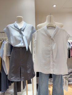 气质女人味优雅通勤ol翻领系带条纹衬衫 上衣轻薄莱赛尔衬衣 女无袖