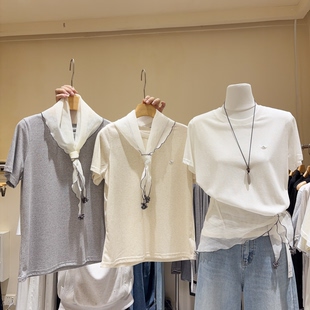 韩国东大门 宽松上衣配丝巾轻薄透气 简约气质纯色套头T恤女短袖