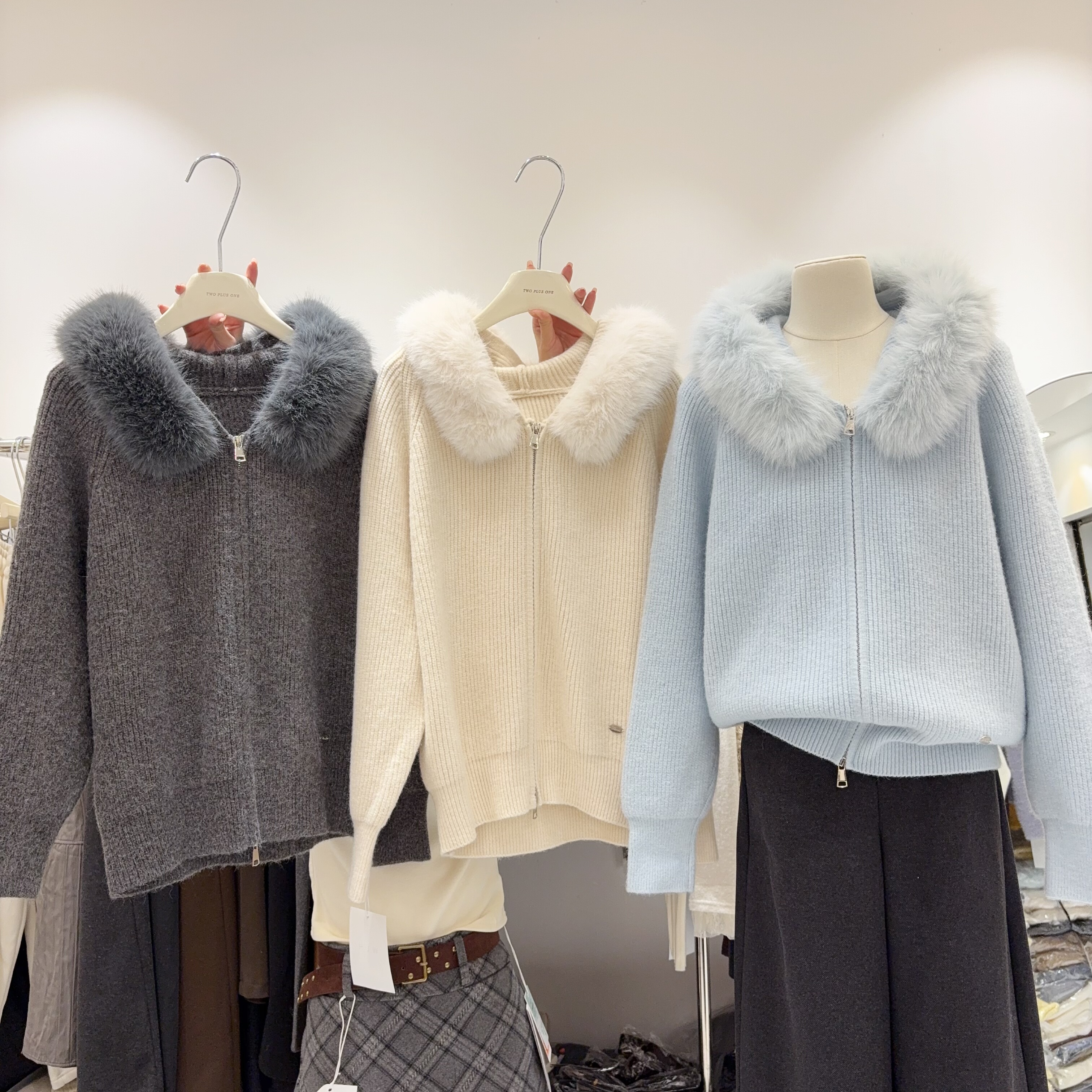 大版可拆卸毛毛领连帽双拉链针织开衫外套毛衣女慵懒风高级感上衣