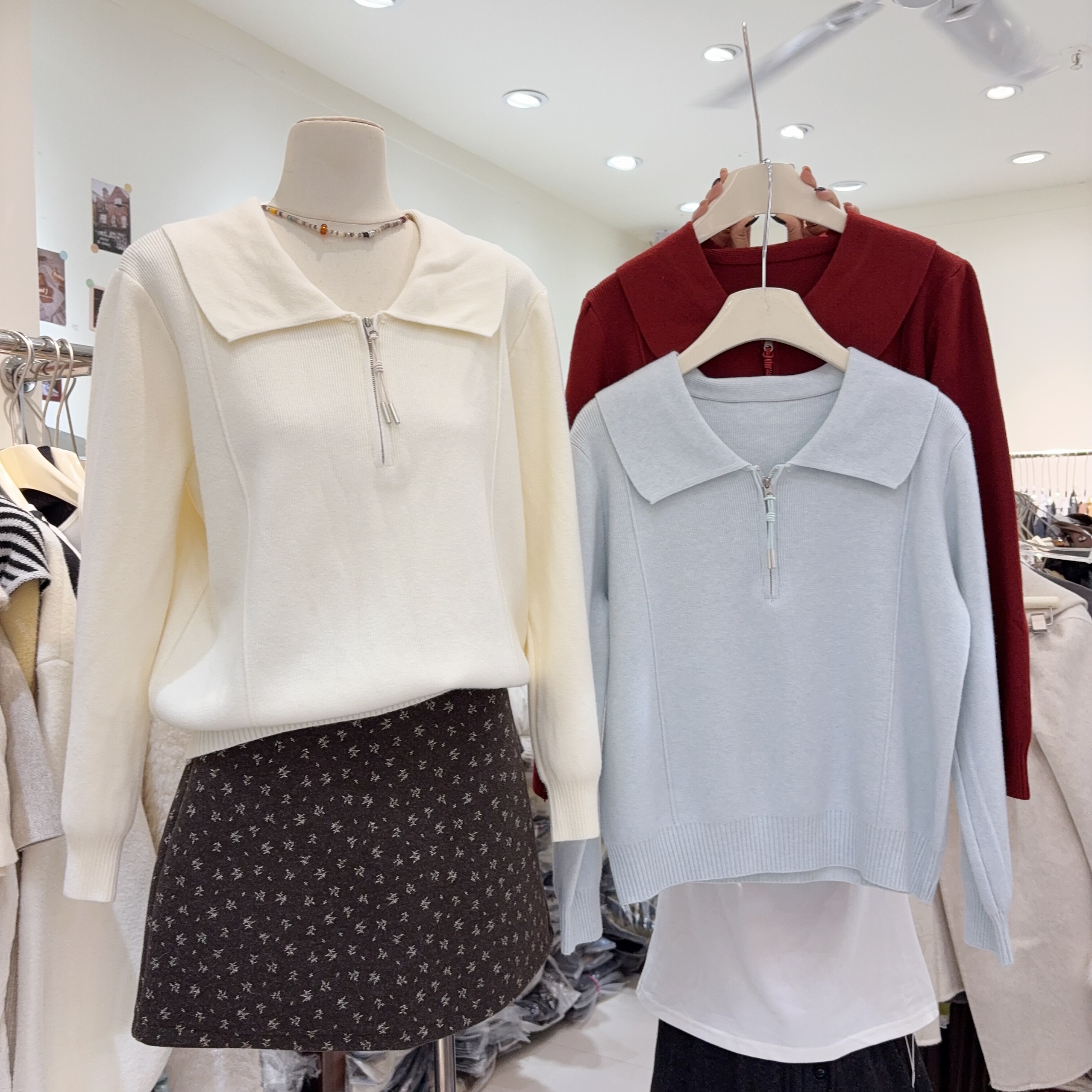 基础款好穿！半拉链式翻领针织衫女长袖宽松显瘦上衣柔软亲肤毛衣