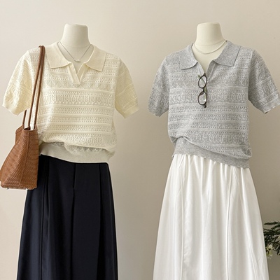 复古Polo领短袖针织衫女轻薄镂空麻花上衣显瘦百搭毛衣透气小个子