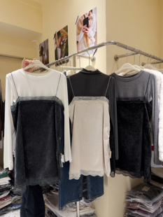 韩版 上衣 气质蕾丝拼接金丝绒吊带连衣裙女直筒裙叠穿内搭裙子短款