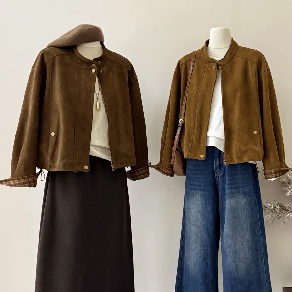 复古高级感立领麂皮绒短外套内里加棉保暖夹克显瘦百搭显瘦上衣