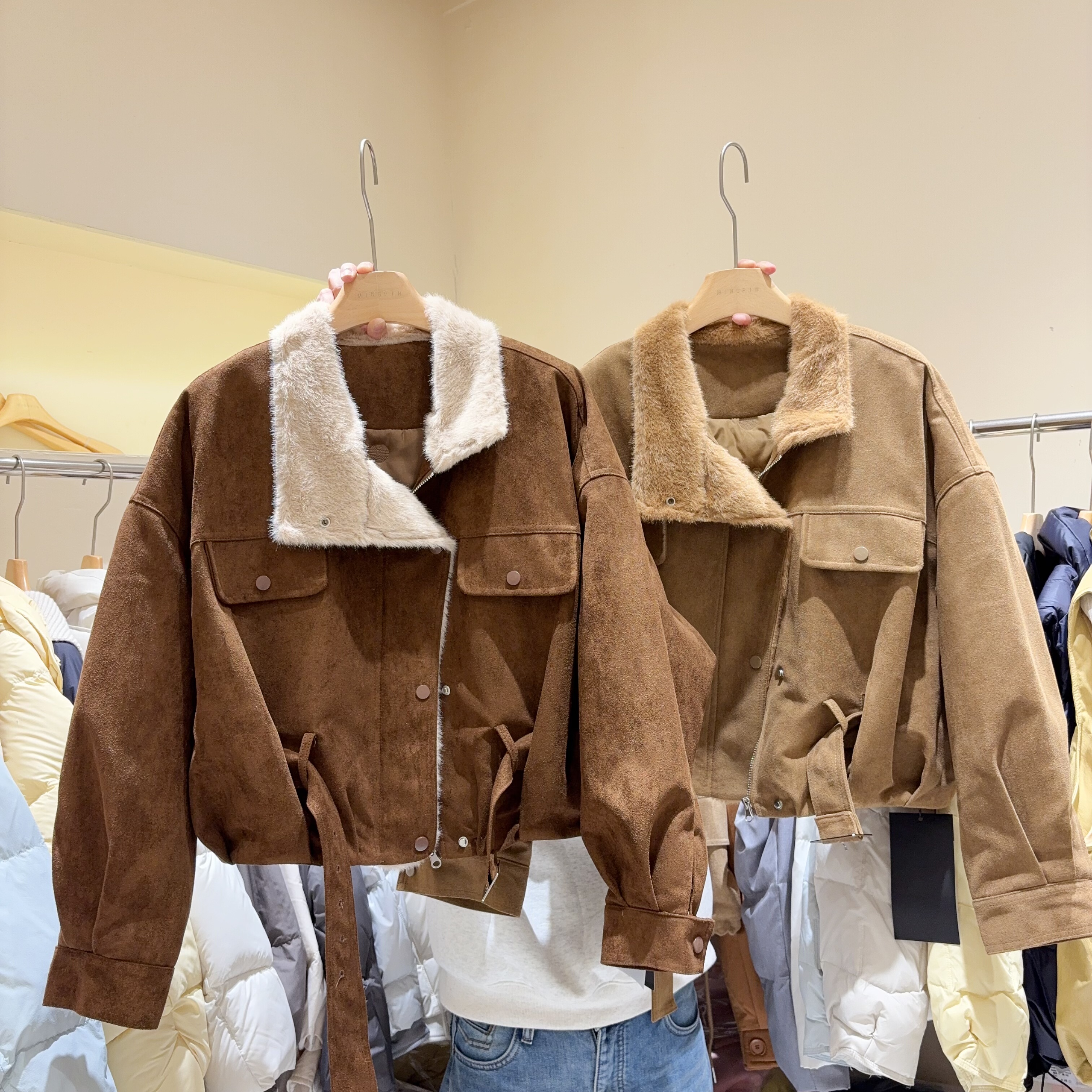 美拉德色系毛领加棉鹿皮绒外套女小个子保暖短款外套上衣工装风