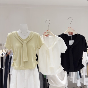 显瘦短上衣 修身 韩国欧尼同款 气质显瘦百搭学院风披肩T恤女短袖