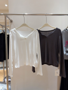 V领长袖T恤女春夏薄款慵懒风宽松休闲纯色上衣透视罩衫女打底衫