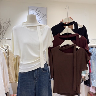 美炸啦!时髦设计潮流短袖T恤女飘带拼接蝙蝠袖收腰上衣纯色小衫