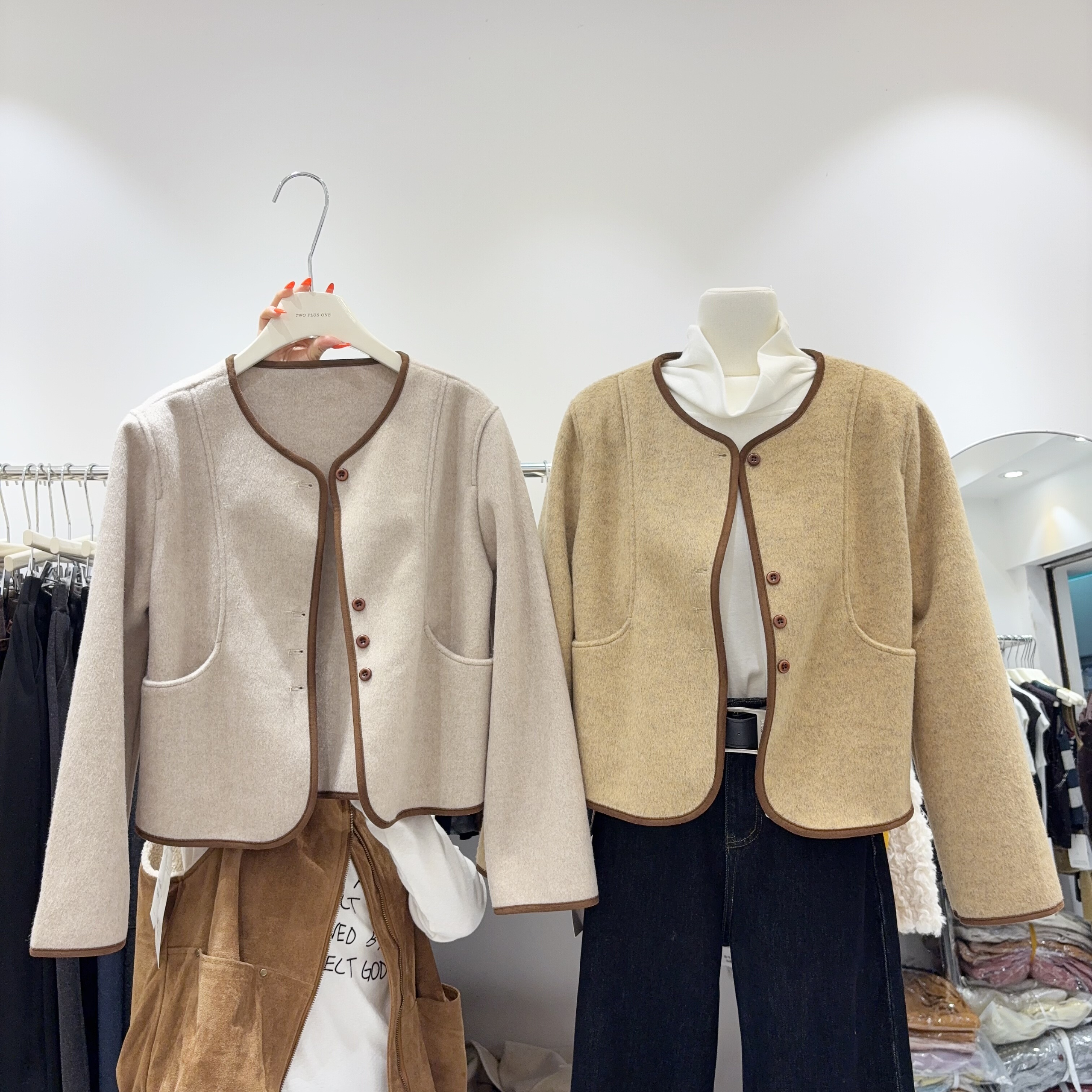 时髦复古yyds撞色单排扣双面羊绒呢大衣女小个子显瘦气质短外套