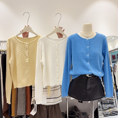 甜美气质小姐姐！软糯细腻圆领麻花单排扣针织开衫外套女上衣毛衣