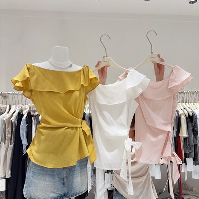 约会款！甜美减龄荷叶边一字肩衬衫女收腰系带棉麻上衣气质小衫