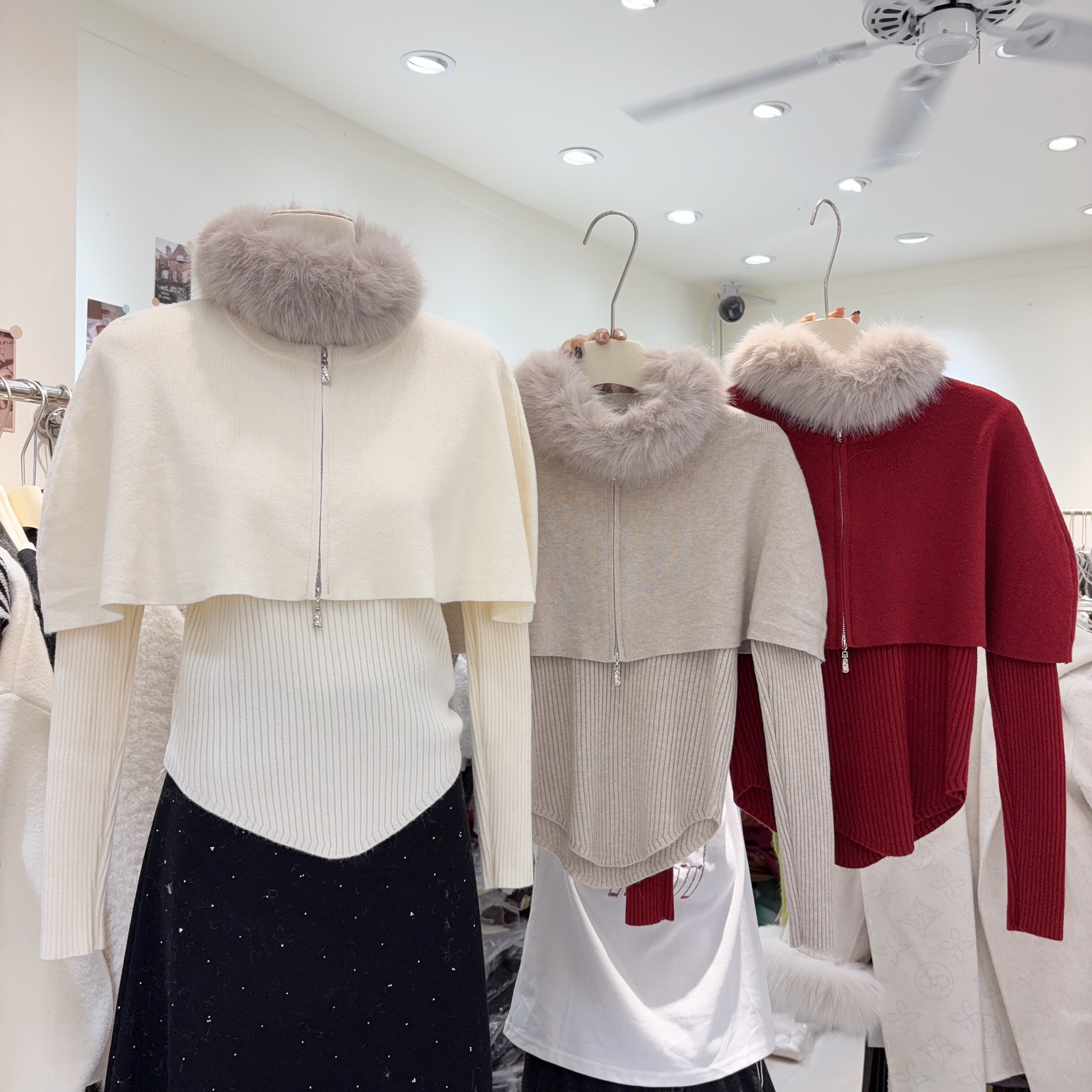 气质小众 双头拉链斗篷式两件套针织衫配毛毛领甜美纯色毛衣上衣