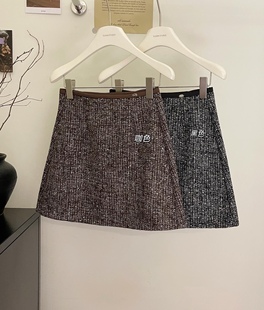 版 高级感皮料拼接毛呢短裙女一步裙秋冬亮片半身裙A字裙 型nice