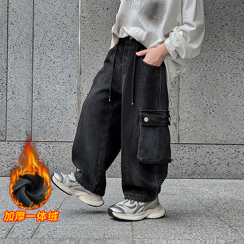男童冬季加绒牛仔裤加厚工装裤潮