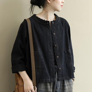 新中式 宽松黑色刺绣百搭女短外套 100%纯棉牛仔文艺复古宽松大码