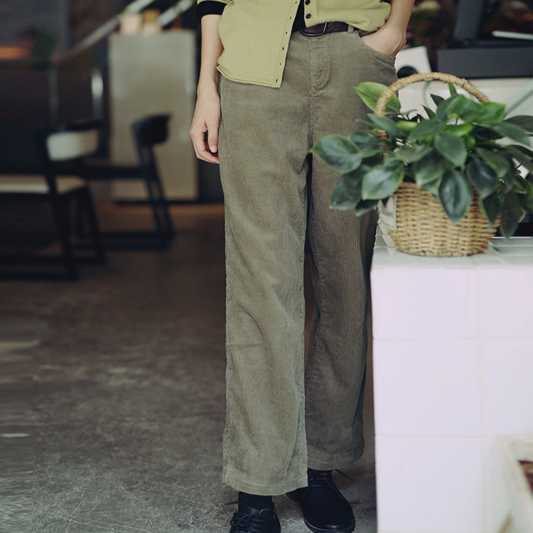 复古宽松女款高腰长裤复古条绒裤
