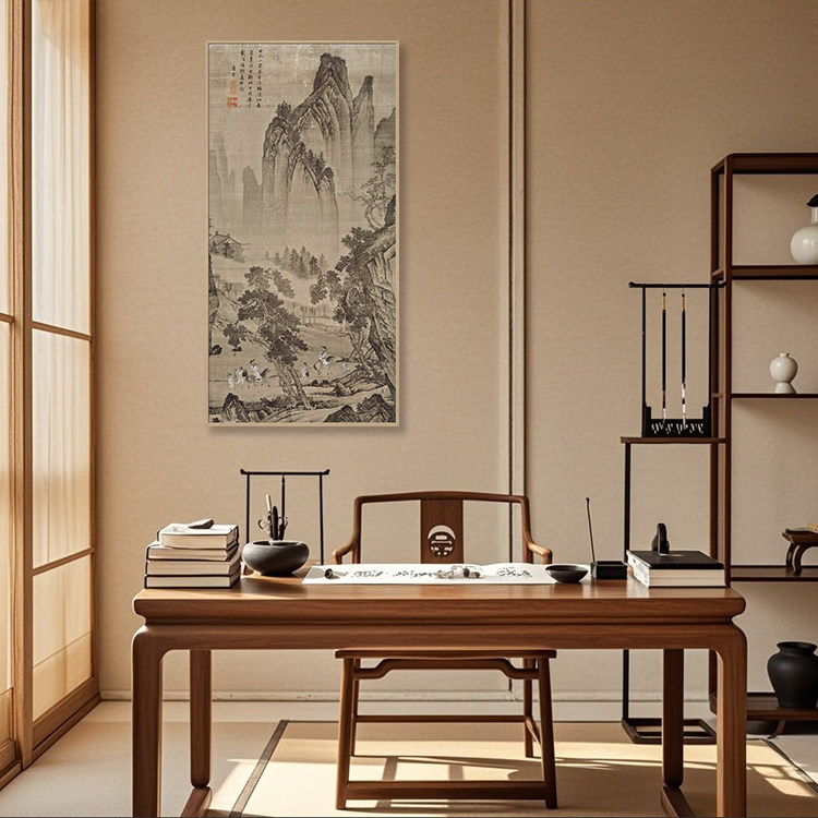明唐寅唐伯虎松林扬鞭图山水画金属框墙画客厅餐厅书房酒店装饰画