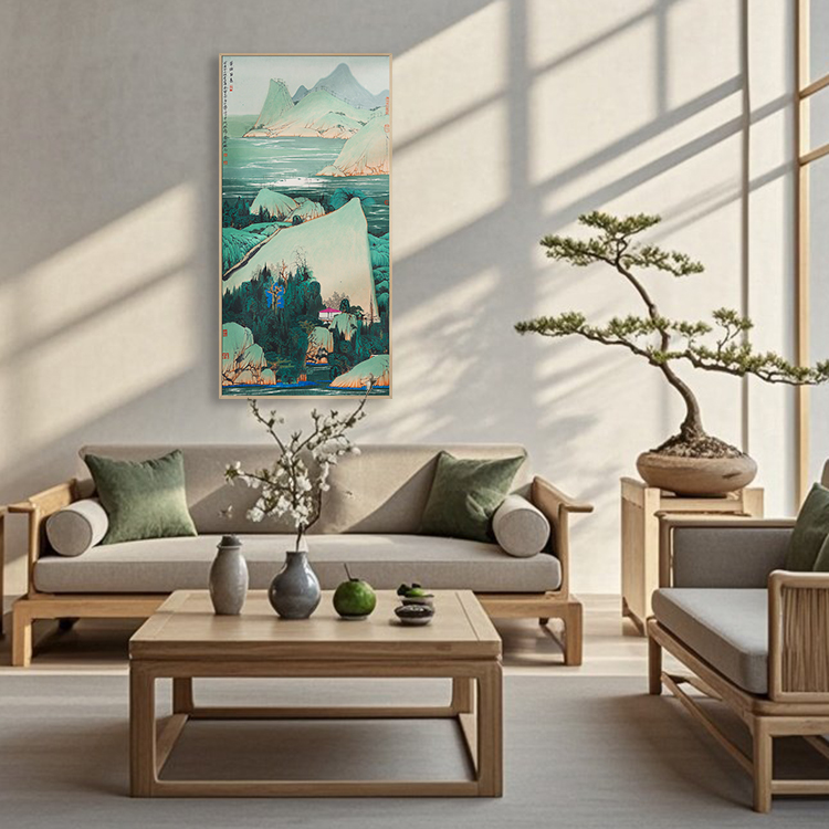新中式玄关过道卧室客房青绿山水装饰画别墅酒店大堂复古挂画图片