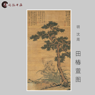 明 沈周 田椿萱图 古山水风景人物国画 高清微喷字画艺术