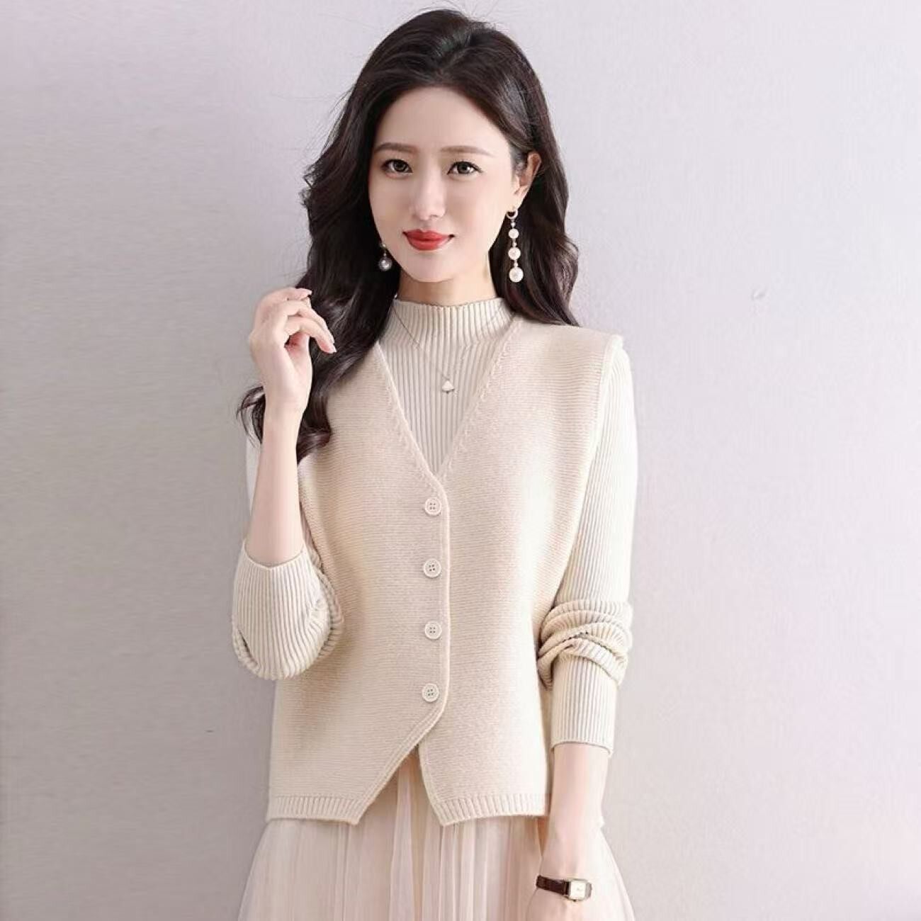 新年红国风新中式V领针织马甲女外穿背心早春款针织毛衣外搭上衣