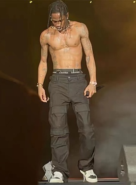 Travis Scott同款大巴黎风格美式小众Cargo可拆卸口袋工装长裤潮