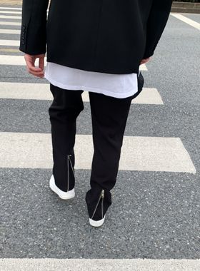 欧美vibe风高街后跟拉链宽松直筒西装裤子暗黑垂感男女潮休闲长裤